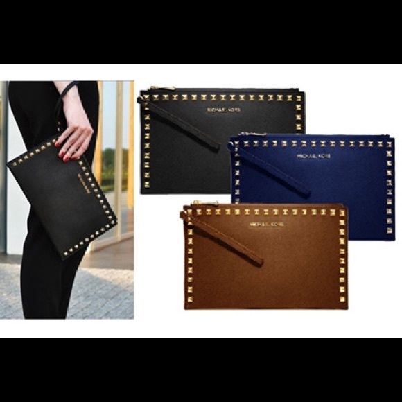 Michael Kors Handbags - Michael Kors Selma Studded Clutch in Luggage